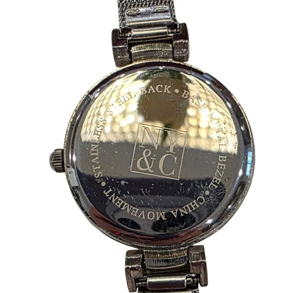 NY & Co Womens Silver Tone‎ Quartz Mesh Band Crystal Accent Watch New Battery